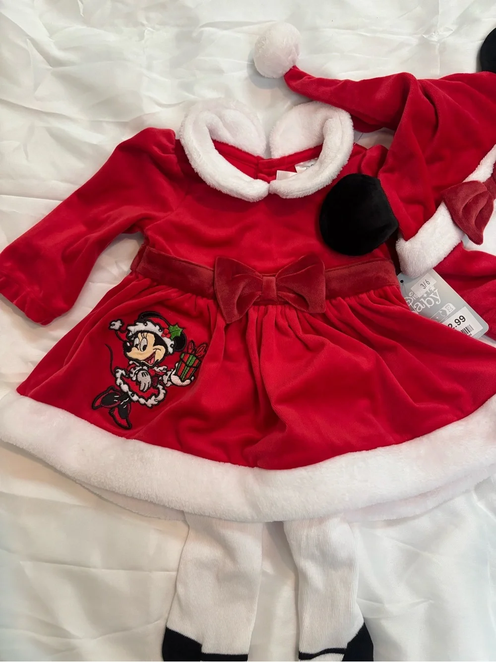 Disney Red and White Minnie Holiday Velvet Dress with Santa Hat and tights 3-6m